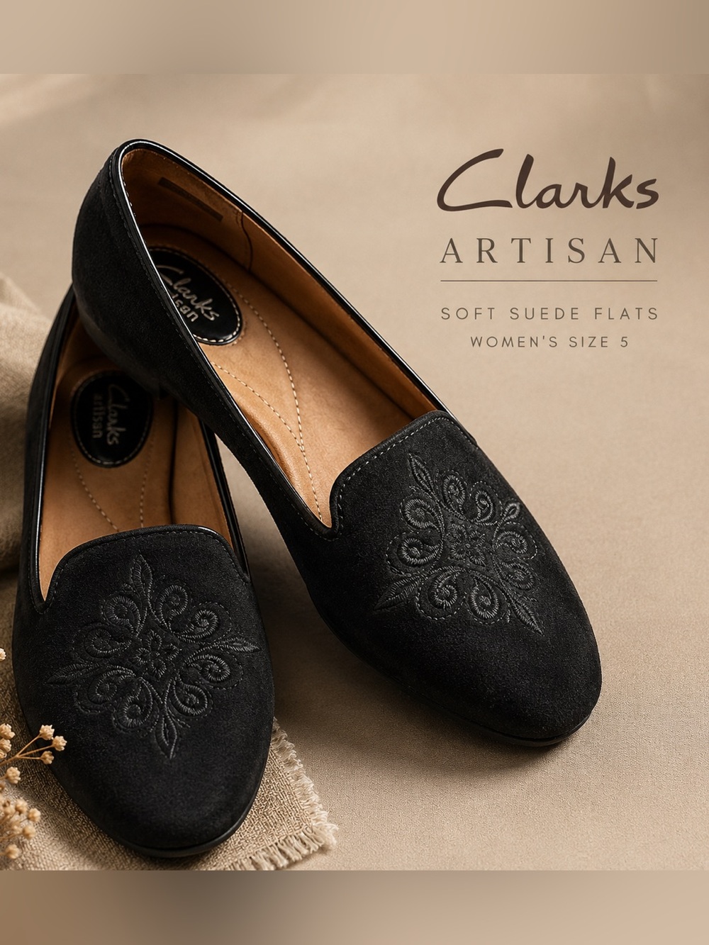 Clarks Artisan Black Suede Loafers Womens Size 5 Embroidered Slip On Flats